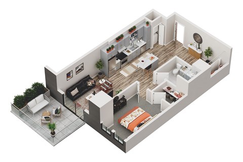 3D enhanced floor plan of 1 bedroom apartment